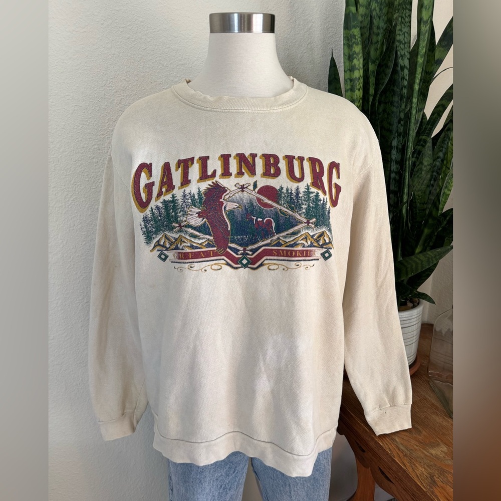 Vintage Gatlinburg Eagle Sweatshirt Cream 90s Great Smoky‎ Mountains medium